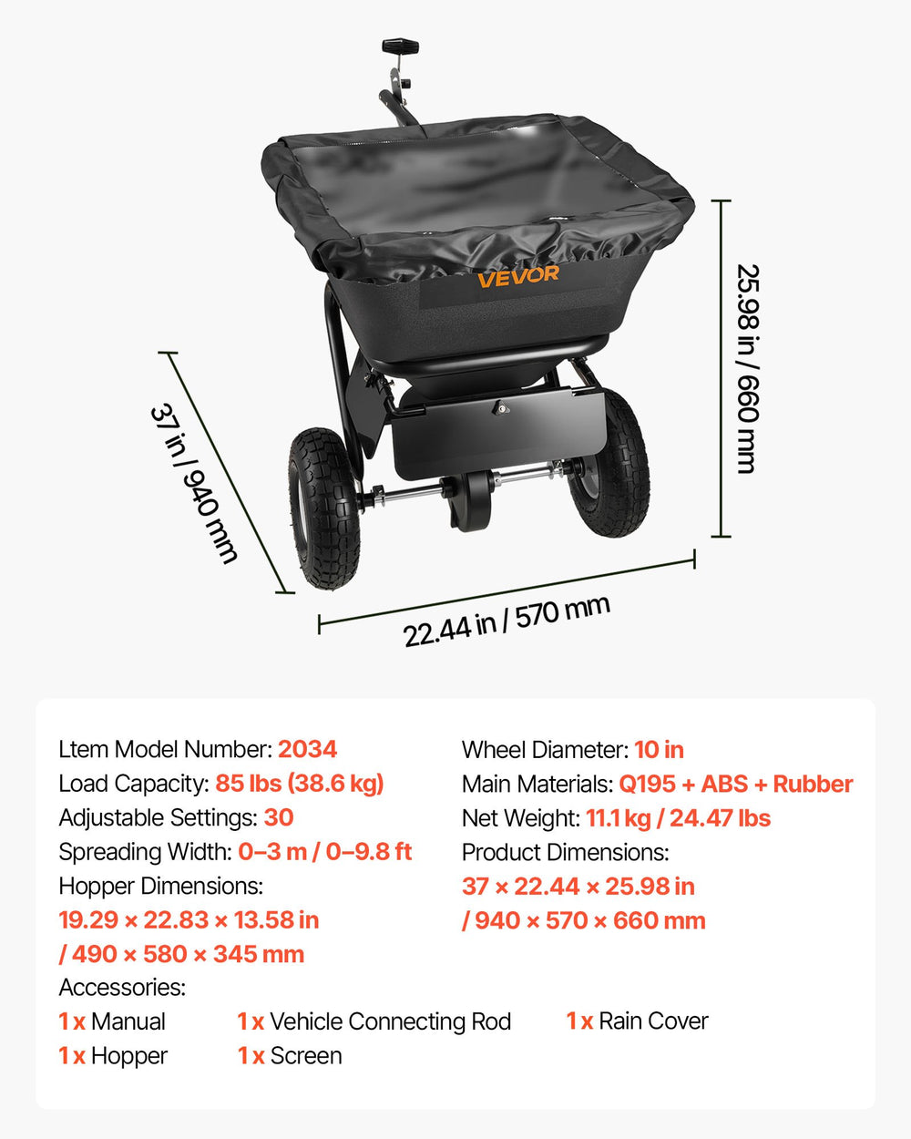 VEVOR Tow-Behind Spreader, 9.8 ft Spreading Width, Broadcast Spreader with 10" All-Terrain Tires, 85 lbs Capacity Hopper, Adjustable Flow Control, Lawn Spreaders for Seed Fertilizer Ice Melt