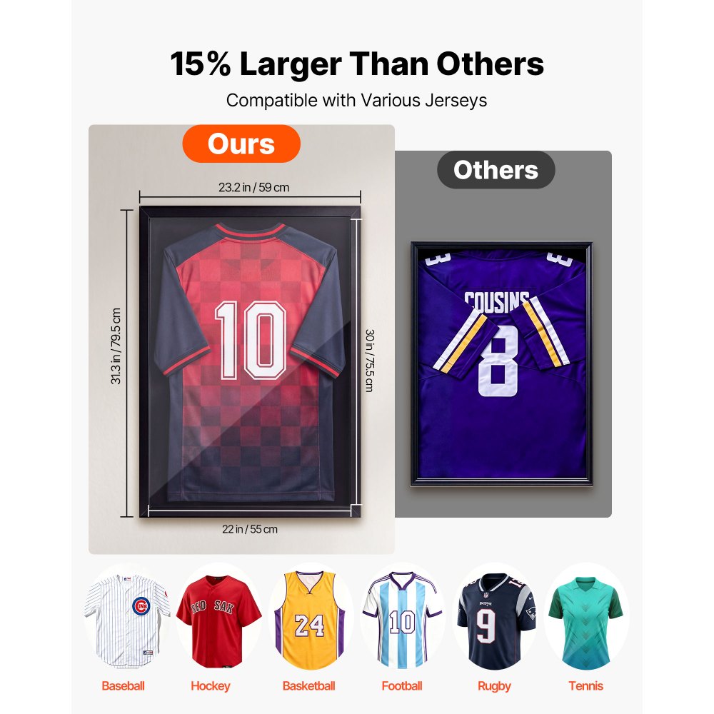 VEVOR Jersey Frame Display Case, 31.3 x 23.2 in, Wooden Sport Jersey Shadow Box with 98% UV Protection PC Panel and Hanger, Magnetic Lock, for Baseball Basketball Football Hockey Shirt Uniform, 2 Pack