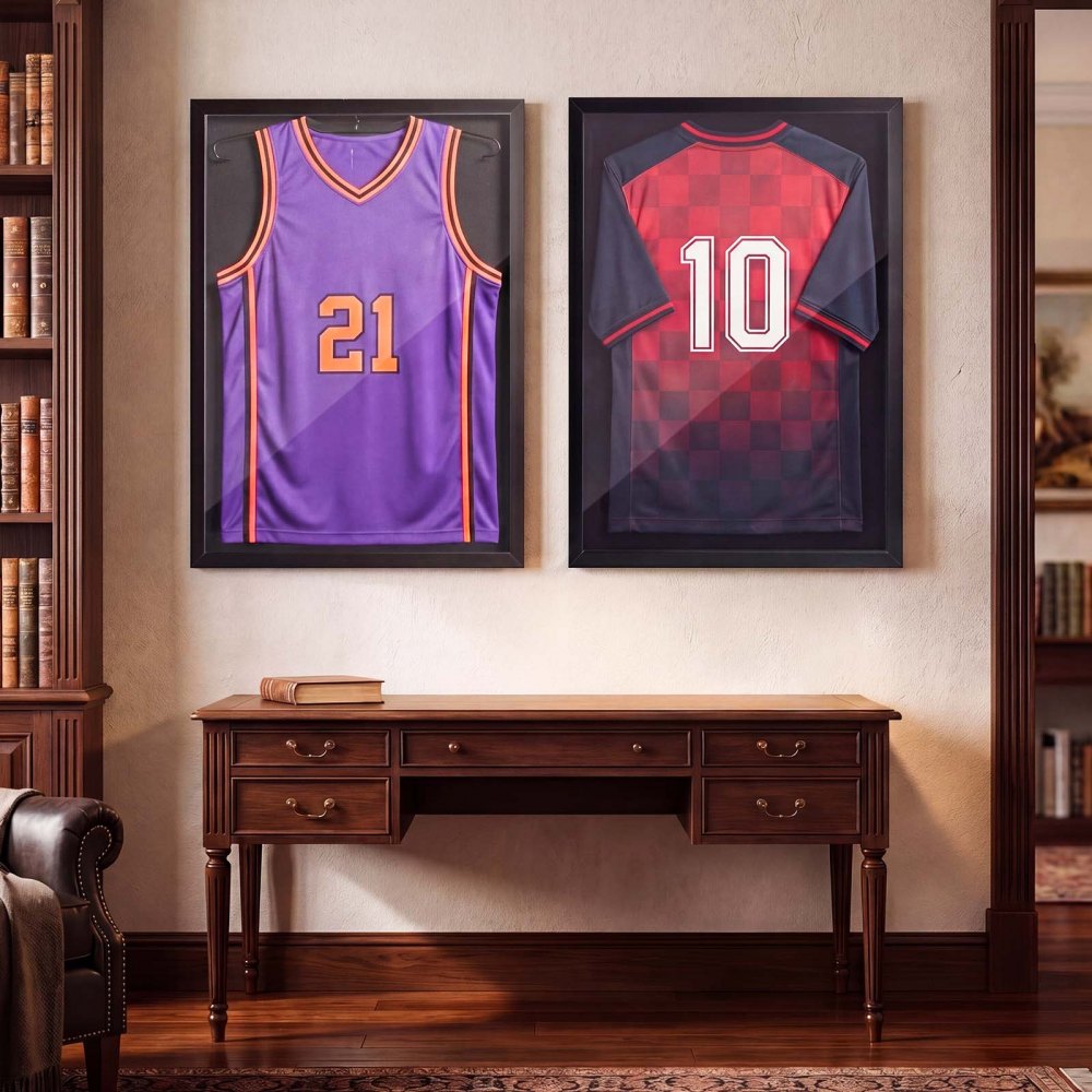 VEVOR Jersey Frame Display Case, 31.5 x 23.6 x 1 in, Wooden Sport Jersey Shadow Box with 98% UV Protection PC Panel and Hanger, for Baseball Basketball Football Hockey Shirt Sport and Uniform, Black