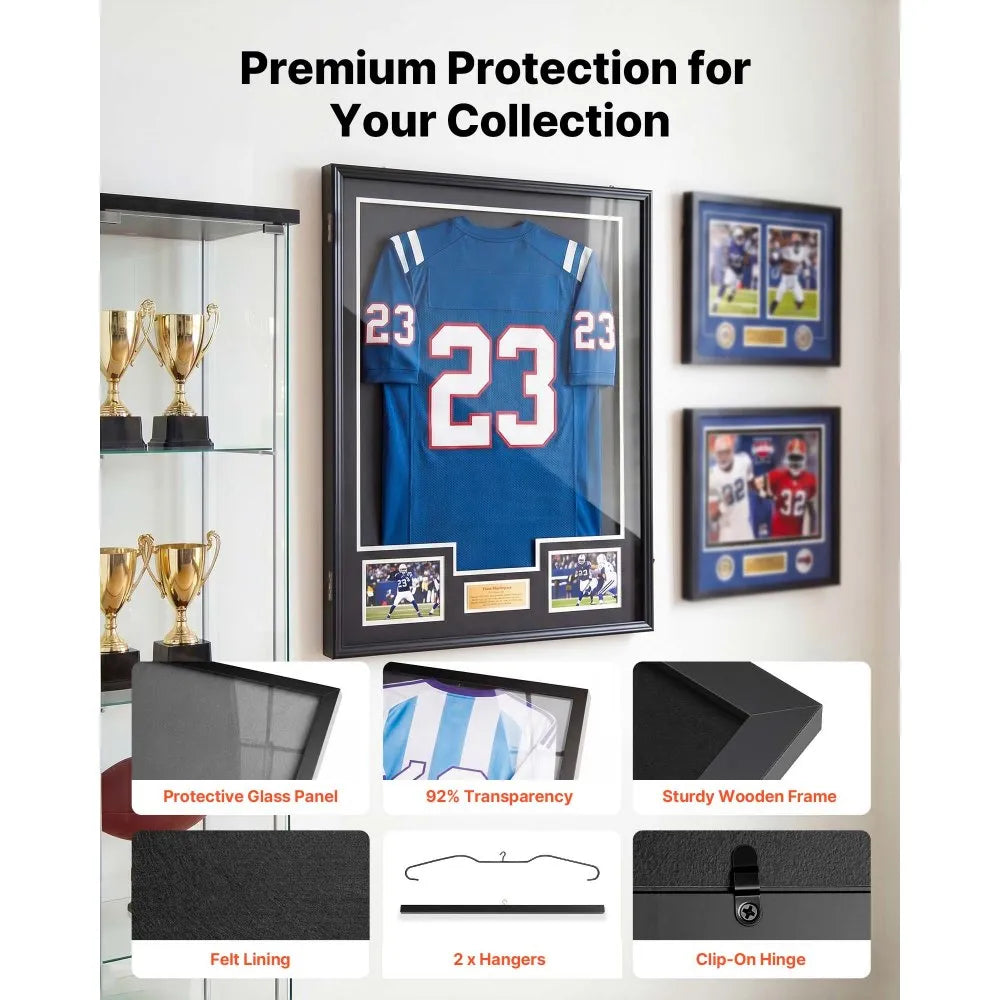 VEVOR Jersey Frame Display Case, 35.4 x 27.6 x 1.5 in, Lockable Wooden Sport Jersey Shadow Box with 98% UV Protection PC Panel and Hanger, for Baseball Basketball Football Hockey Shirt and Uniform