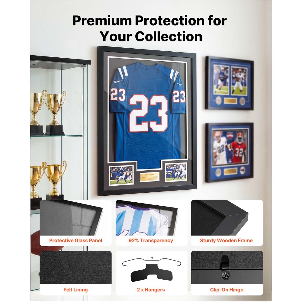 VEVOR Jersey Frame Display Case, 35.4 x 27.6 x 1.2 in, Wooden Sport Jersey Shadow Box with 98% UV Protection PC Panel and Hanger, for Baseball Basketball Football Hockey Shirt Sport Uniform, Black