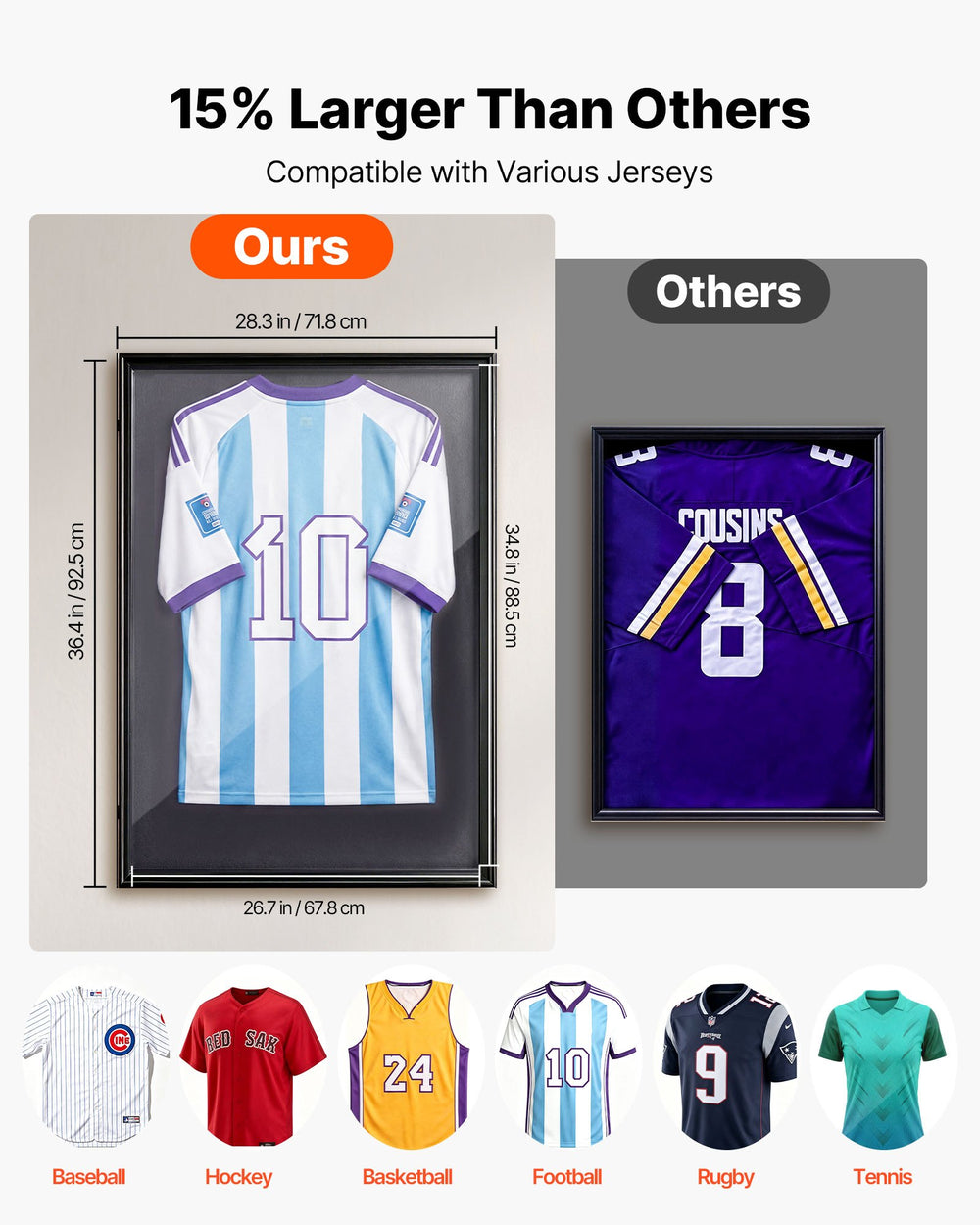 VEVOR Jersey Frame Display Case, 36.4 x 28.3 x 1.5 in, Wooden Sport Jersey Shadow Box with 98% UV Protection PC Panel and Hanger, Magnetic Lock, for Baseball Basketball Football Hockey Shirt Uniform
