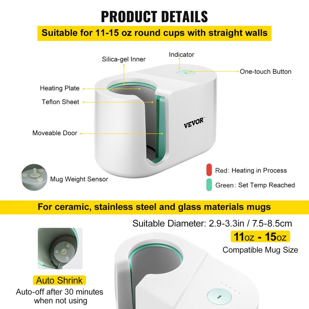 VEVOR Mug Press Machine, 11-15oz Coffee Cup Transfer Printing, Automatic Mug Heat Press for Sublimation, DIY Presents Gifts White