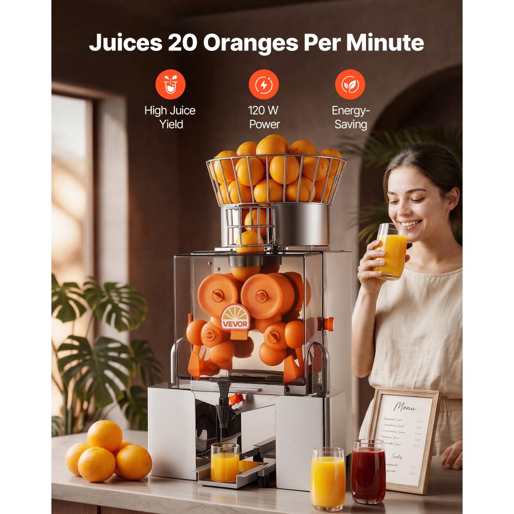 VEVOR Commercial Orange Juicer Machine, 120W Electric Automatic Orange Squeezer, Lemon Citrus Pomegranates Extractor for 20 per Minute, Stainless Steel, with Water Tap, Peels Collecting Bucket