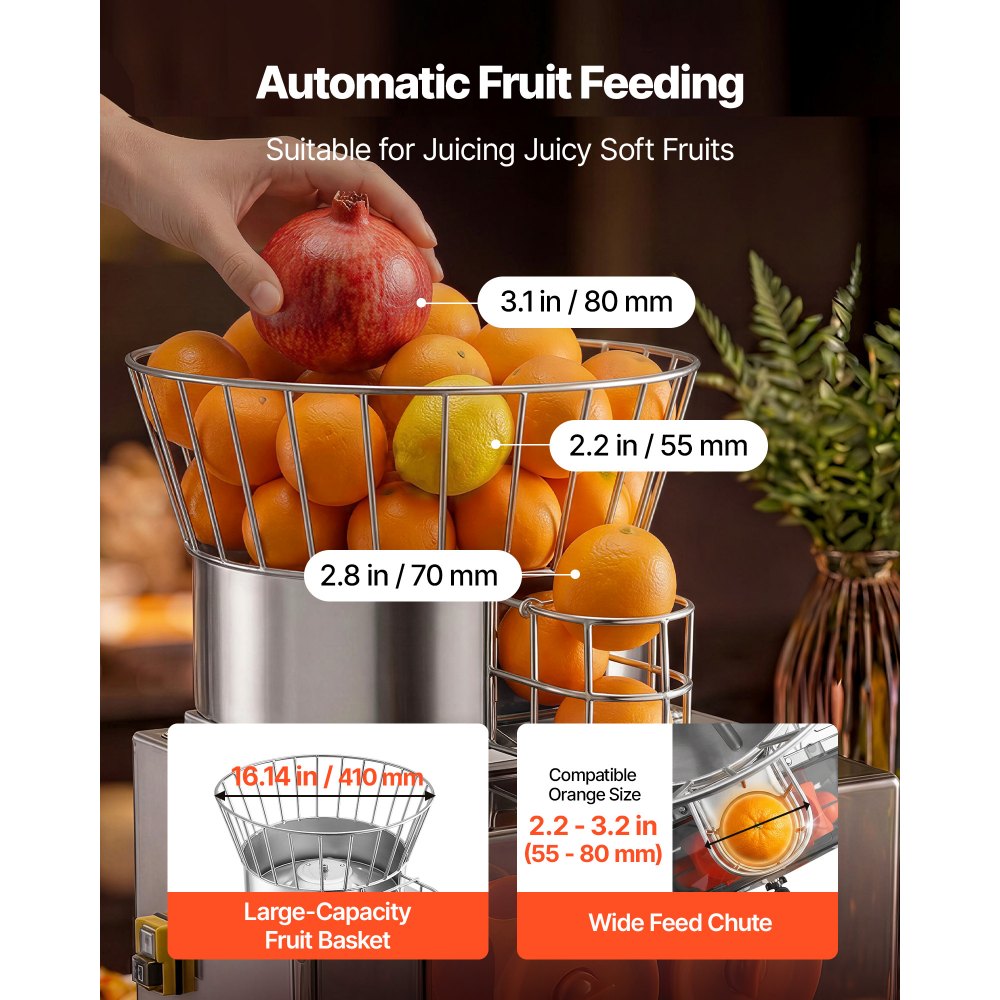 VEVOR Commercial Orange Juicer Machine, 120W Electric Automatic Orange Squeezer, Lemon Citrus Pomegranates Extractor for 20 per Minute, Stainless Steel, with Water Tap, Peels Collecting Bucket