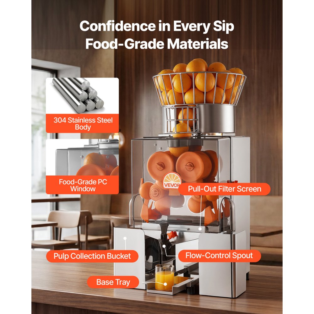 VEVOR Commercial Orange Juicer Machine, 120W Electric Automatic Orange Squeezer, Lemon Citrus Pomegranates Extractor for 20 per Minute, Stainless Steel, with Water Tap, Peels Collecting Bucket