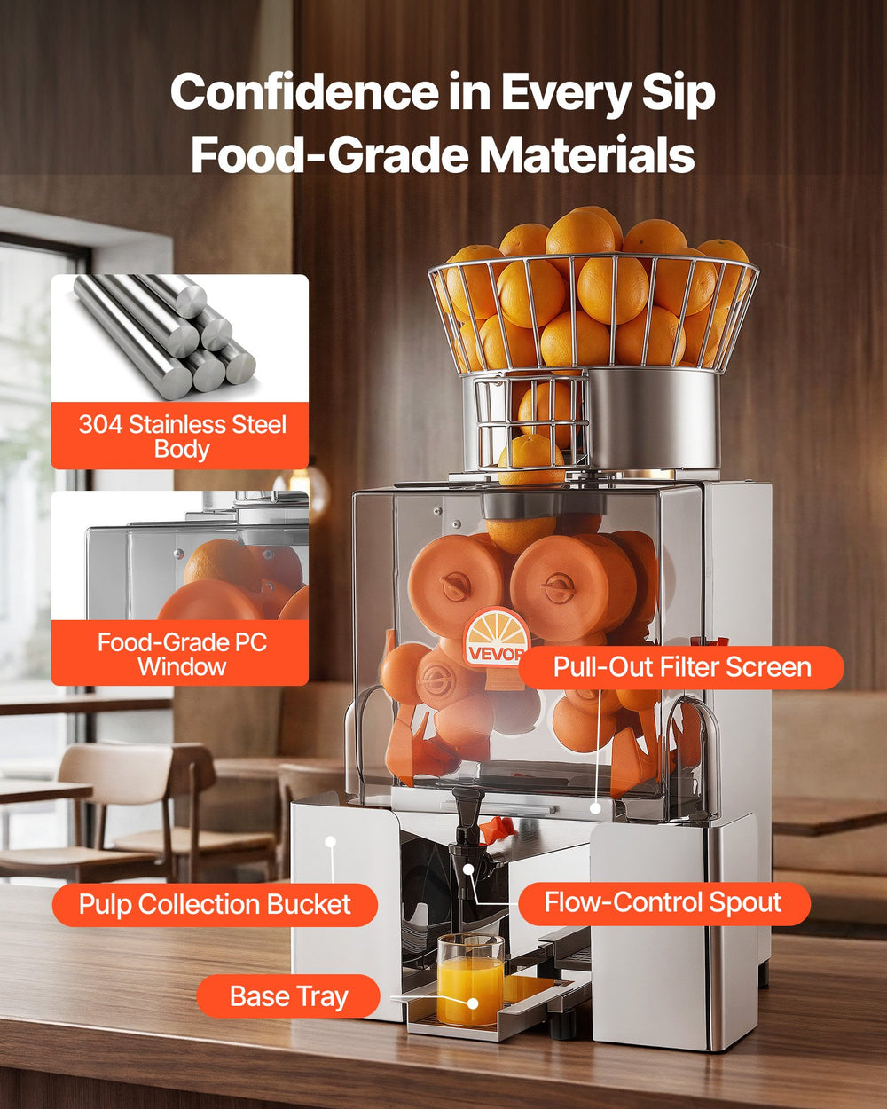 VEVOR Commercial Orange Juicer Machine, 120W Electric Automatic Orange Squeezer, Lemon Citrus Pomegranates Extractor for 20 per Minute, Stainless Steel, with Water Tap, Peels Collecting Bucket