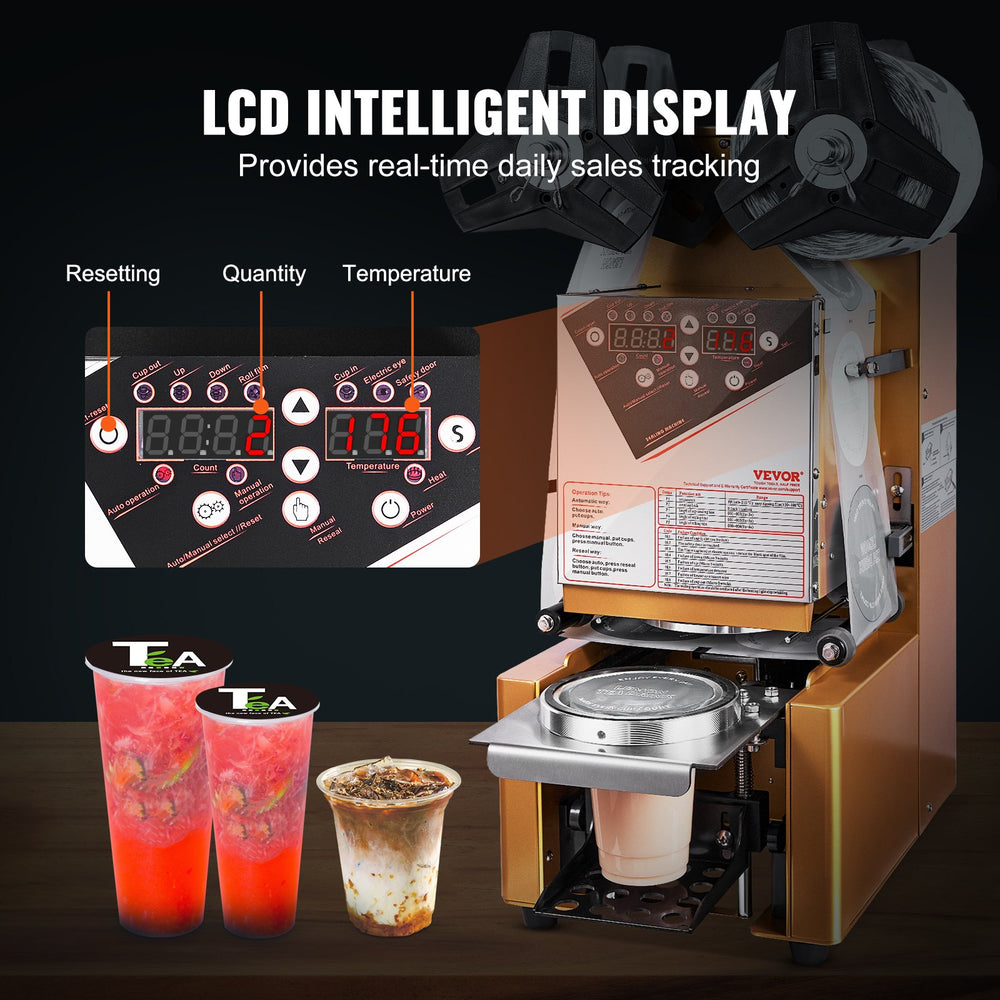 VEVOR cup sealer LCD intelligent display and counting feature graphic