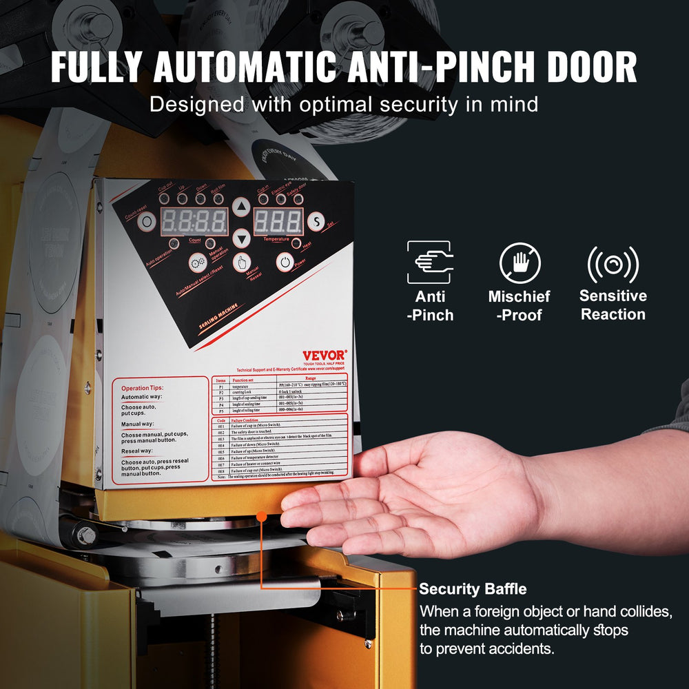 VEVOR cup sealer fully automatic anti-pinch door safety feature graphic