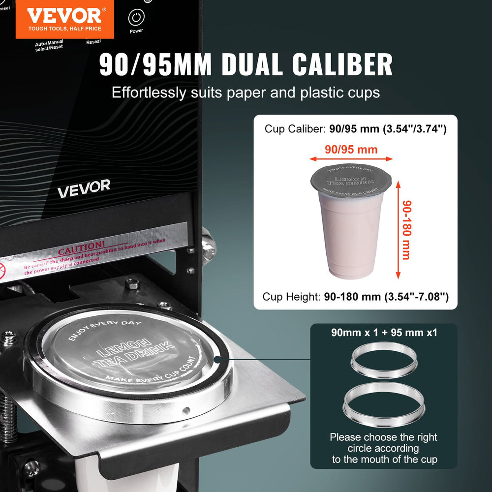 VEVOR cup sealer machine 90/95 mm dual caliber compatibility graphic