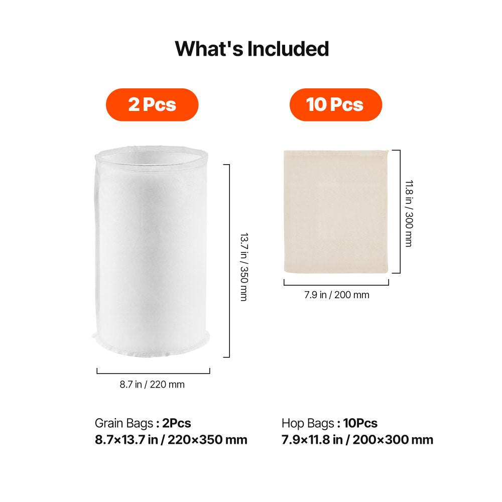 VEVOR Brew Bags, 2 PCS Food Grade Nylon Material Grain Bag, 10 PCS Natural Cotton-Linen Hop Bag, Easy to Clean, Reusable & Ultra-Fine Mesh Home Brewing Bags, Only for Our Automatic Beer Brewer