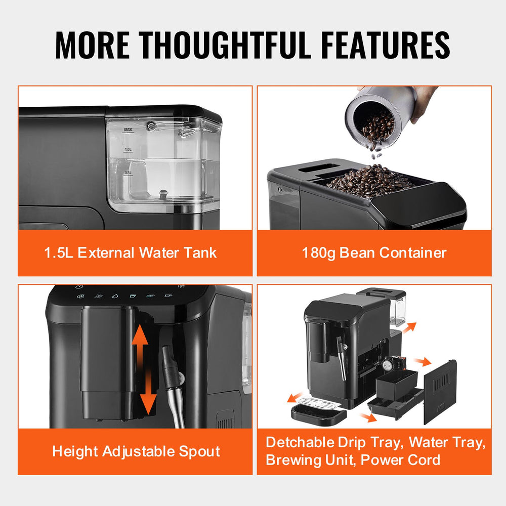 VEVOR Automatic Espresso Machine - features: 1.5L external water tank, 180g bean container, height adjustable spout, detachable parts
