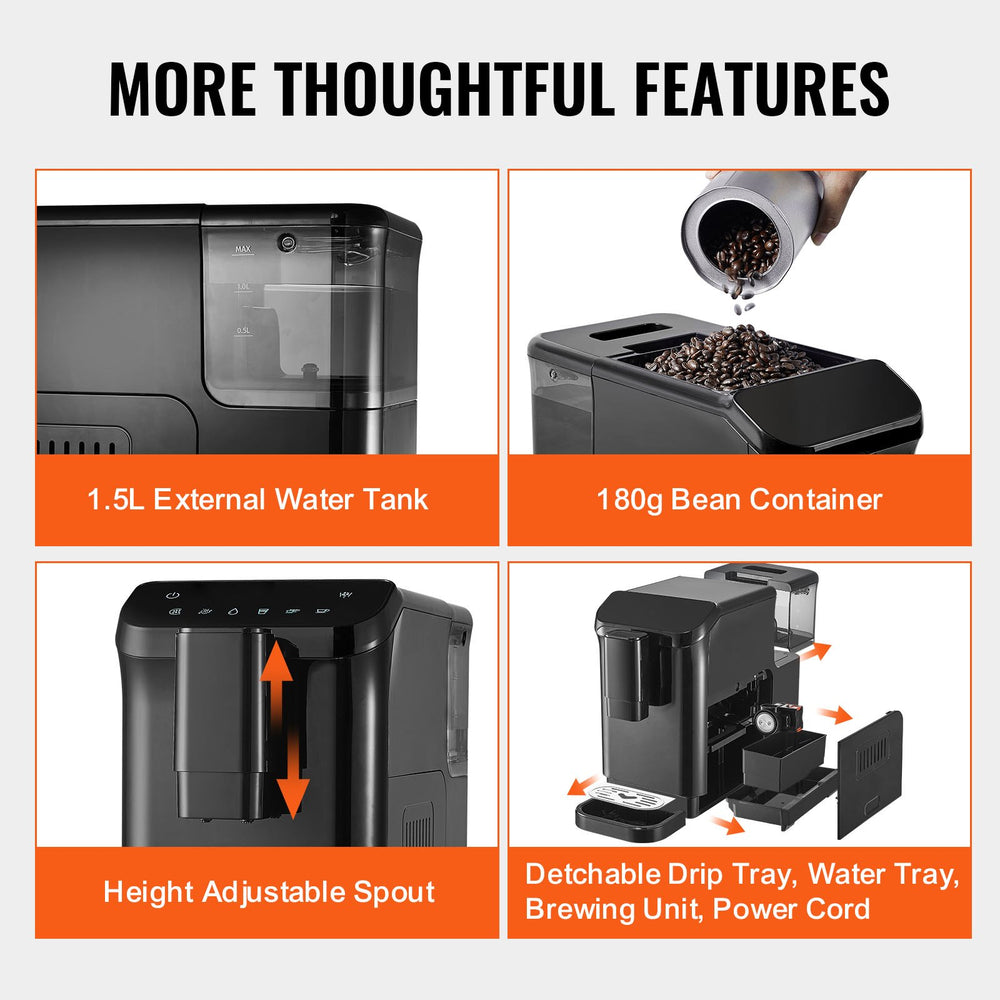 VEVOR automatic espresso machine feature graphic - thoughtful design with detachable 1.5L water tank