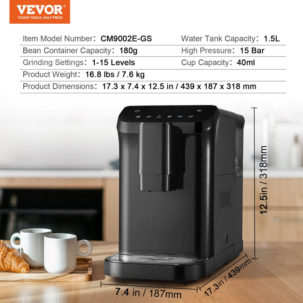 VEVOR automatic espresso machine feature graphic - one-touch drink selection (single/double espresso and Americano)