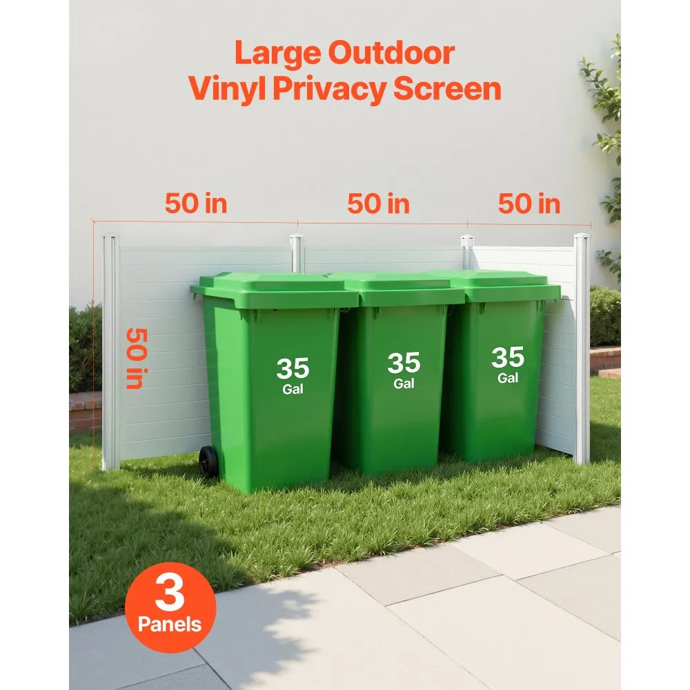 VEVOR 3 Panels Outdoor Privacy Screen, 50 x 50 in Air Conditioner Fence with 27.6 in Ground Stakes, Pool Equipment Enclosure, Horizontal Vinyl Privacy Fence, Ideal for Trash Can and A/C Units, White