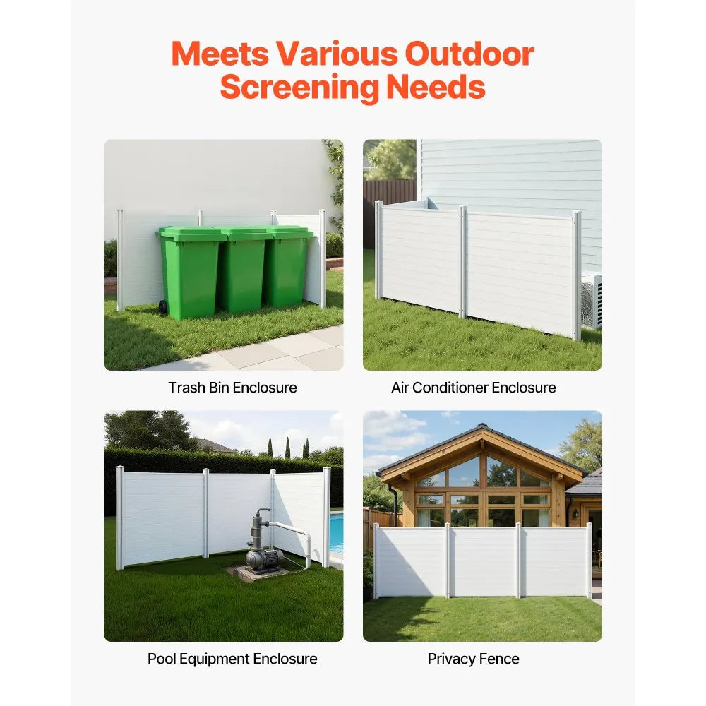 VEVOR 3 Panels Outdoor Privacy Screen, 50 x 50 in Air Conditioner Fence with 27.6 in Ground Stakes, Pool Equipment Enclosure, Horizontal Vinyl Privacy Fence, Ideal for Trash Can and A/C Units, White