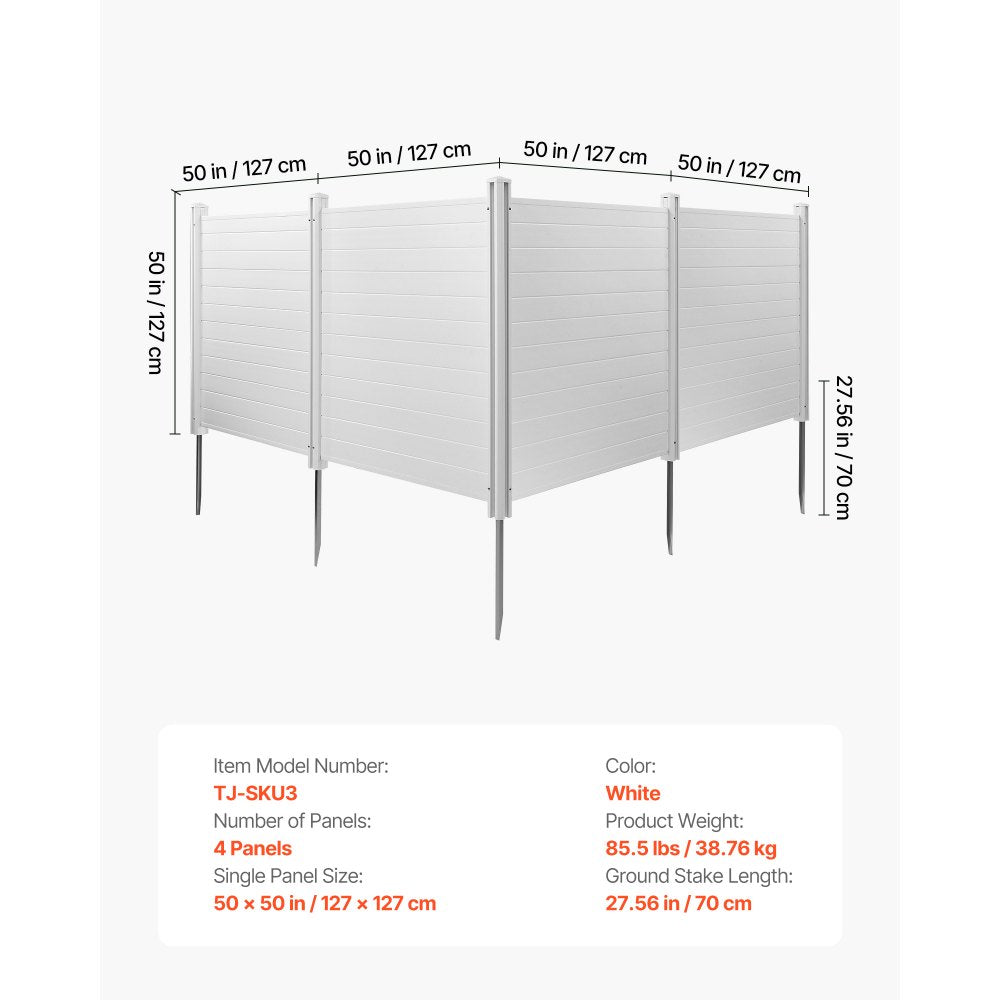 VEVOR 4 Panels Outdoor Privacy Screen, 50 x 50 in Air Conditioner Fence with 27.6 in Ground Stakes, Pool Equipment Enclosure, Horizontal Vinyl Privacy Fence, Ideal for Trash Can and A/C Units, White