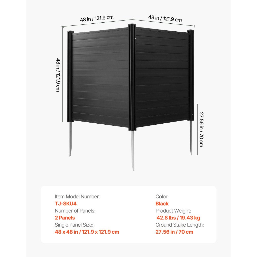 VEVOR 2 Panels Outdoor Privacy Screen, 48 x 48 in Air Conditioner Fence with 27.6 in Ground Stakes, Pool Equipment Enclosure, Horizontal Vinyl Privacy Fence, Ideal for Trash Can and A/C Units, Black