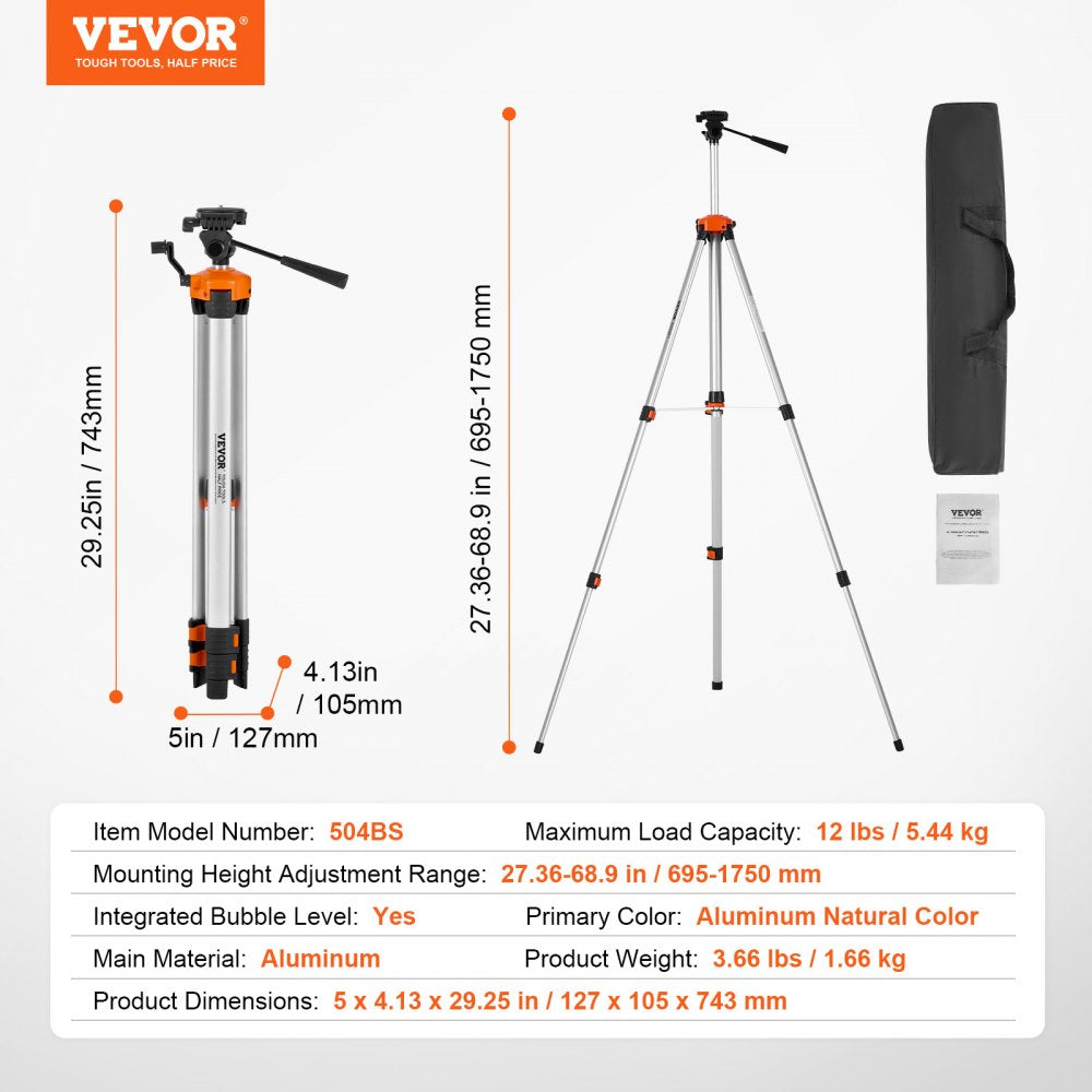 VEVOR Laser Level Tripod, ¼ x 20 Thread Mount, 27.36-68.11 inch Height Adjustment with Integrated Level Bubble Lightweight Laser Scanner Stand, Retractable Legs Aluminum Tripod for Stable Measurement