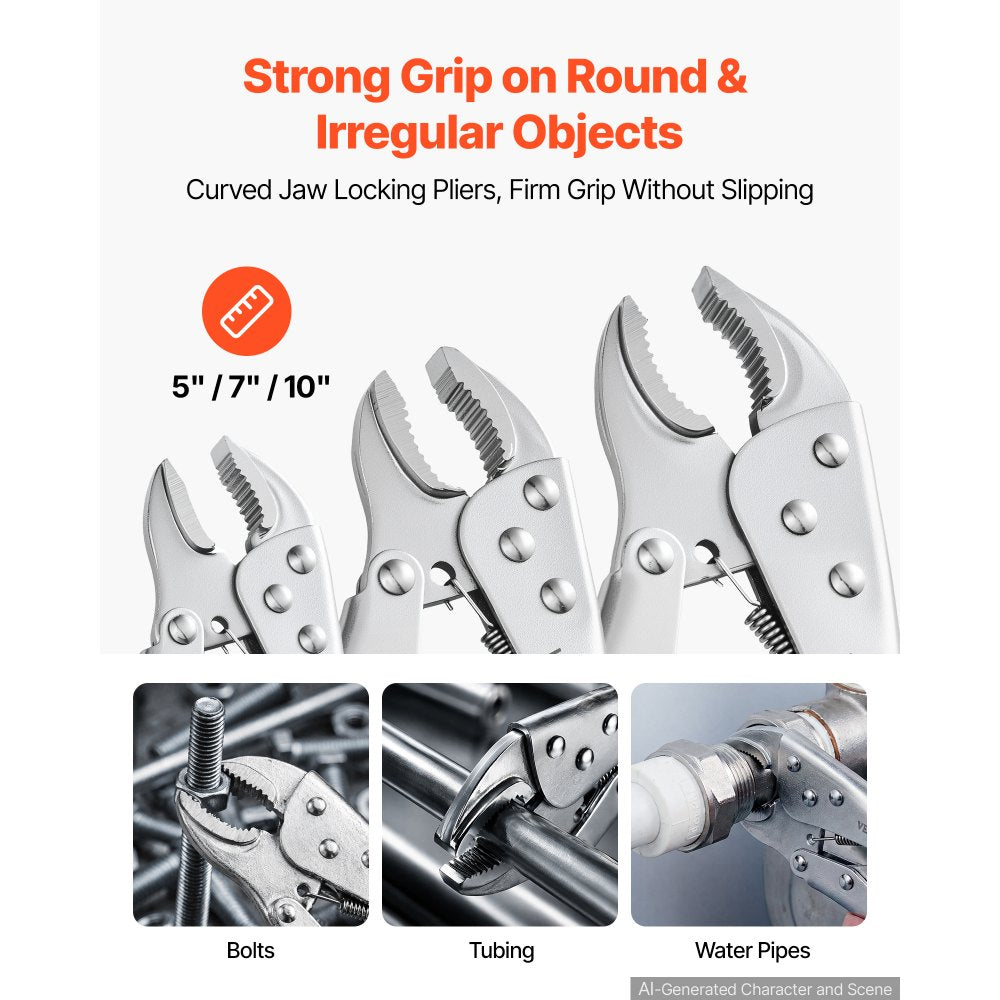 VEVOR Locking Pliers Set 5-Piece Pliers Tool Set Nickel-Plated Carbon Steel, Hand Tools for DIY & Home Use, 5"/7"/10" Curved Jaw, 6.5"/9" Long Nose, Ergonomic Non-Slip Handles, Adjustable Jaw Opening
