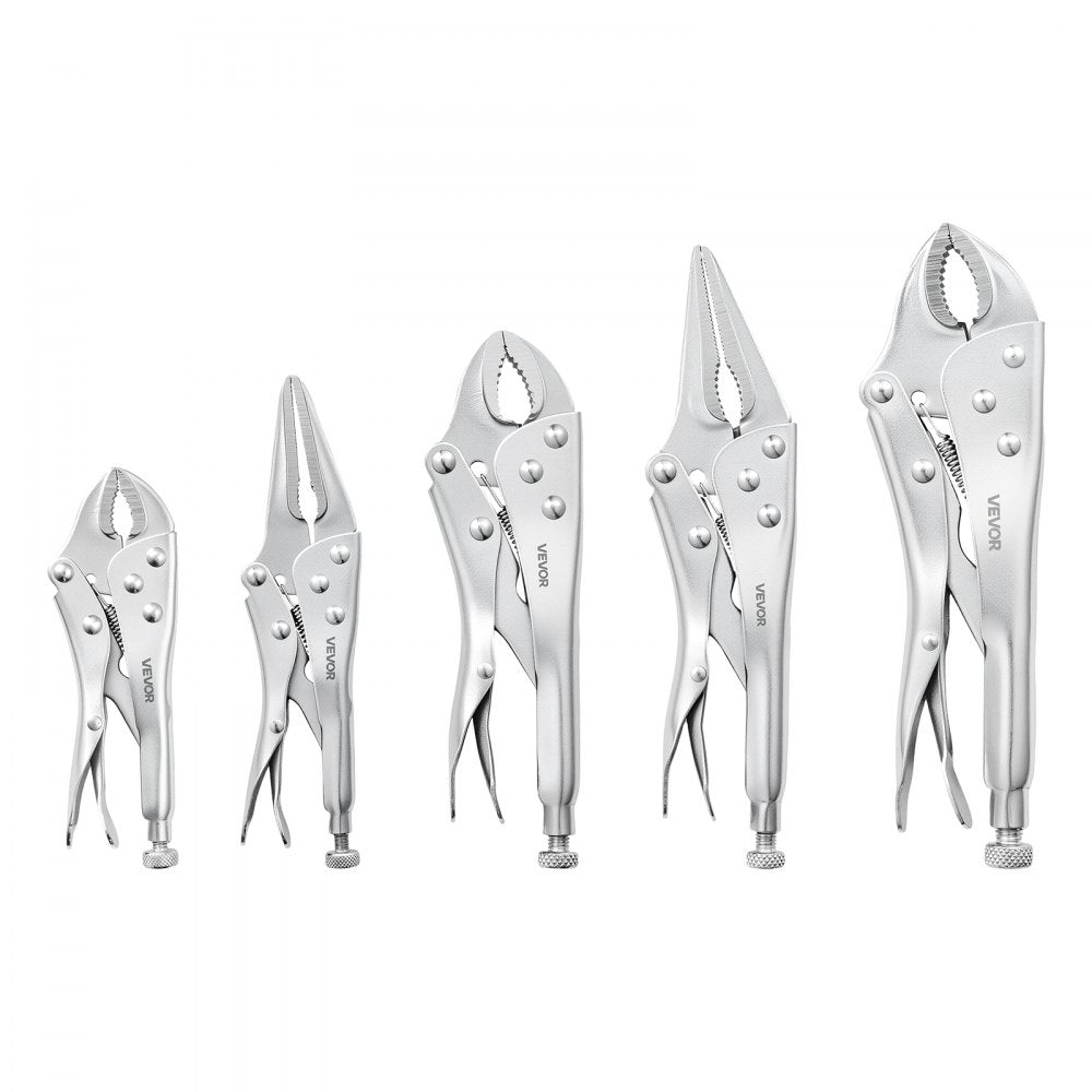 VEVOR Locking Pliers Set 5-Piece Pliers Tool Set Nickel-Plated Carbon Steel, Hand Tools for DIY & Home Use, 5"/7"/10" Curved Jaw, 6.5"/9" Long Nose, Ergonomic Non-Slip Handles, Adjustable Jaw Opening