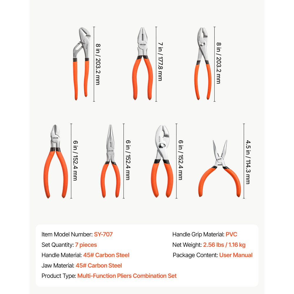 VEVOR Pliers Set 7-Piece Utility Set Polished Carbon Steel Jaw Hand Tools, For DIY & Home Use, 8" Groove Joint, 7" Combination, 6" Diagonal, 6"/8" Slip Joint, 4.5"/6" Long Nose Pliers, Non-Slip Grips