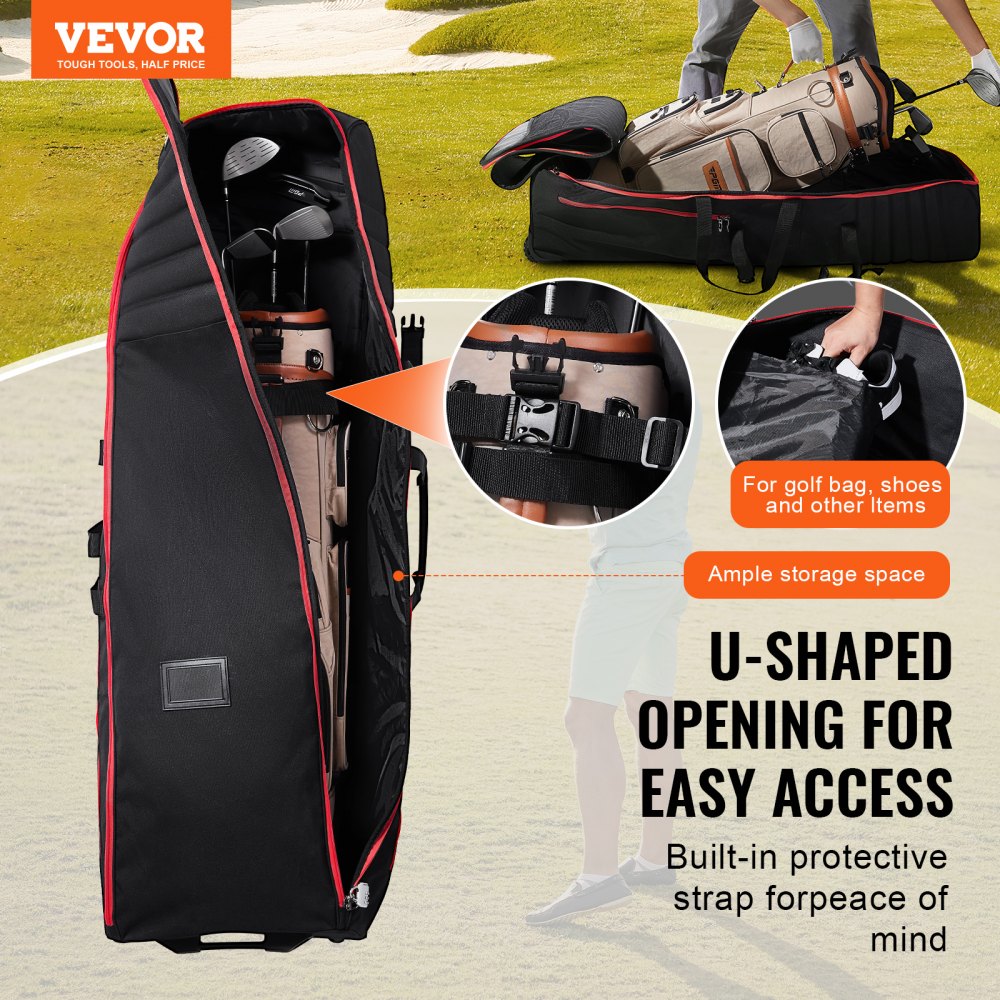 VEVOR Golf Travel Bag, Outdoors Soft-Sided Golf Travel Cover Case, Heavy Duty 1000D Nylon Wear-Resistant, Padded Golf Luggage Case Cover with Wheels, Foldable Golf Club Storage Bag for Airlines
