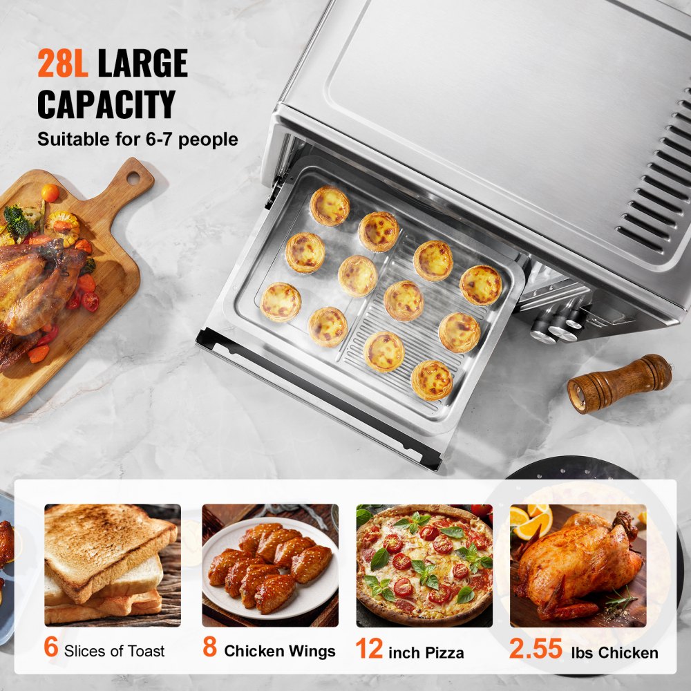 VEVOR 10-IN-1 Convection Oven, 28L/29.6Qt Multifunctional Conventional Oven Countertop, 1800W 4-Tier Toaster with Front Glass Door, with Trays Wire Racks Gloves, Home and Commercial Use
