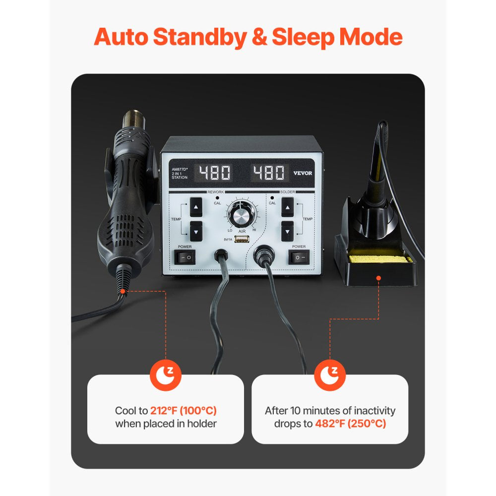 VEVOR 2-in-1 Hot Air Rework Station & Soldering Station, 820W LED Digital Rework and Soldering Iron Station with 5V USB Charging Port, Adjustable Temps & Airflow, ℃/℉ Conversion, 3 Hot Air Nozzles