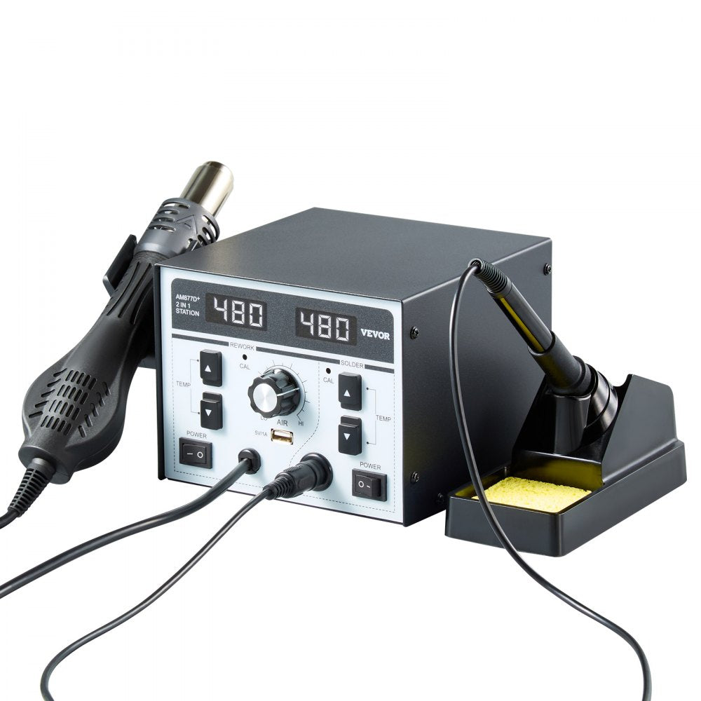VEVOR 2-in-1 Hot Air Rework Station & Soldering Station, 820W LED Digital Rework and Soldering Iron Station with 5V USB Charging Port, Adjustable Temps & Airflow, ℃/℉ Conversion, 3 Hot Air Nozzles