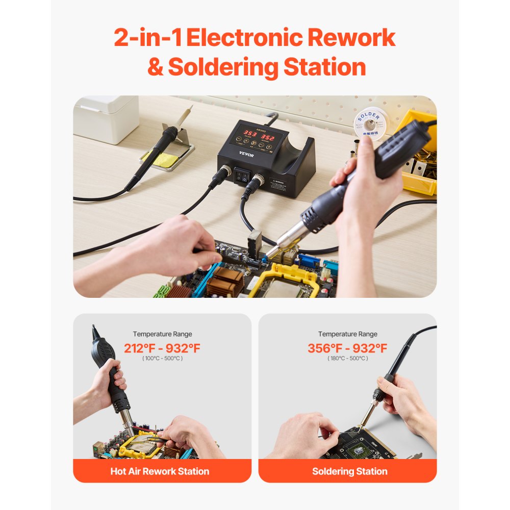 VEVOR 2-in-1 Hot Air Rework Station & Soldering Station, 750W Digital Rework and Soldering Iron Station with Adjustable Temps & Airflow, ℃/℉ Conversion, 3 Hot Air Nozzles for Electronics Repairing