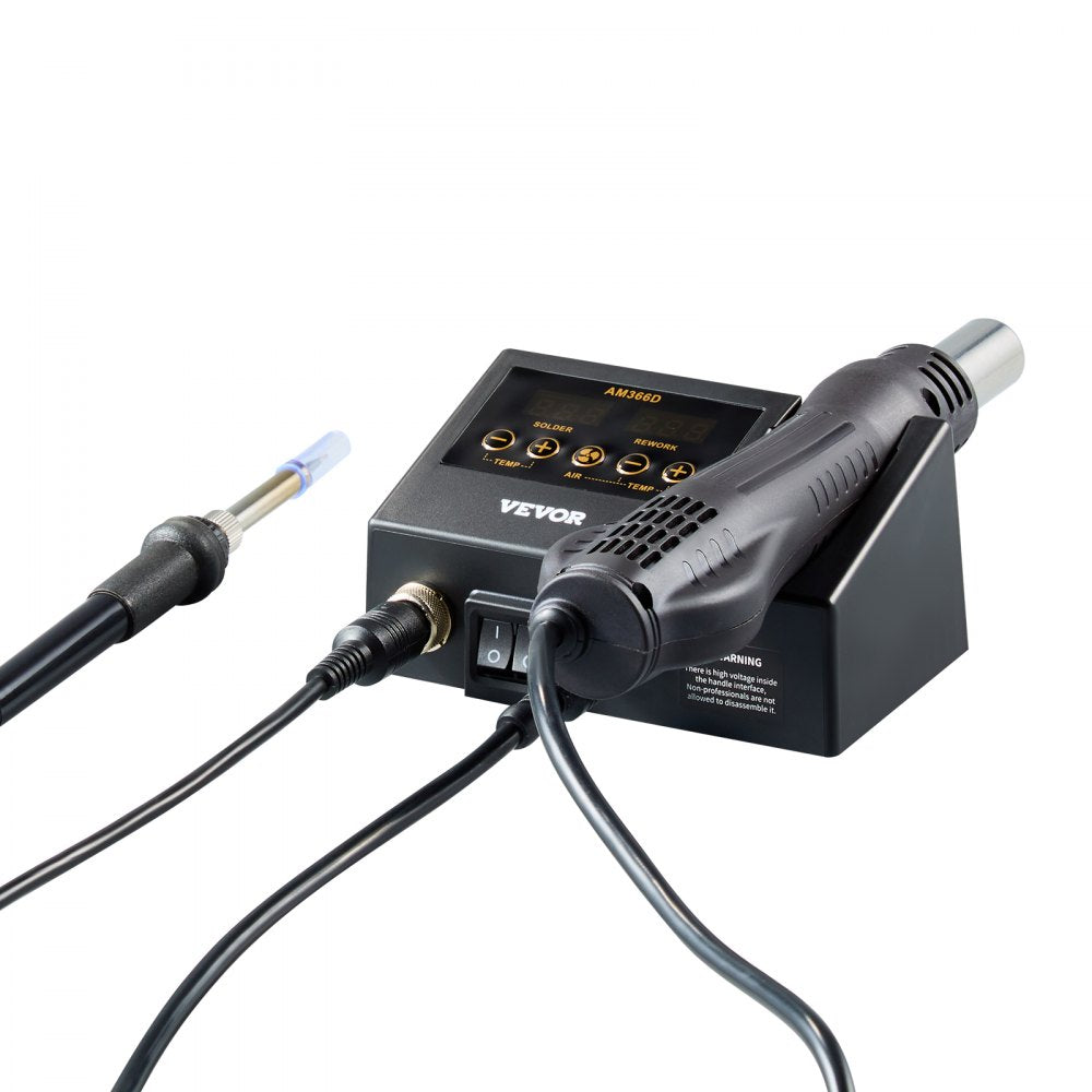 VEVOR 2-in-1 Hot Air Rework Station & Soldering Station, 750W Digital Rework and Soldering Iron Station with Adjustable Temps & Airflow, ℃/℉ Conversion, 3 Hot Air Nozzles for Electronics Repairing