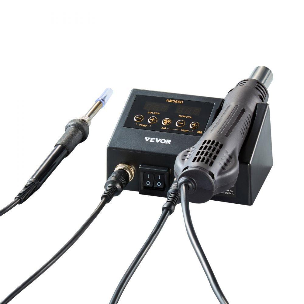 VEVOR 2-in-1 Hot Air Rework Station & Soldering Station, 750W Digital Rework and Soldering Iron Station with Adjustable Temps & Airflow, ℃/℉ Conversion, 3 Hot Air Nozzles for Electronics Repairing