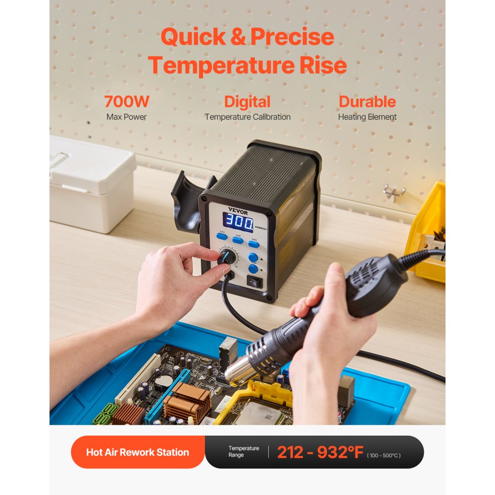 VEVOR Hot Air Rework Station, 700W Digital Display SMD Rework Station, 212℉-932℉ Hot Air Gun with Adjustable Airflow, 3 Pre-Set Channels & ℃/℉ Conversion for Chip Dismantling, Electronics Repair
