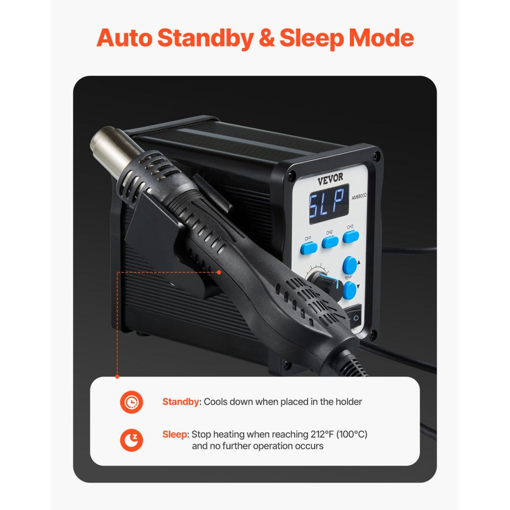 VEVOR Hot Air Rework Station, 700W Digital Display SMD Rework Station, 212℉-932℉ Hot Air Gun with Adjustable Airflow, 3 Pre-Set Channels & ℃/℉ Conversion for Chip Dismantling, Electronics Repair