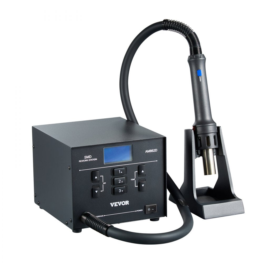 VEVOR Hot Air Rework Station, 1000W Digital SMD Rework Station, 212℉-896℉ Hot Air Gun with 99-Level Adjustable Airflow, 3 Pre-Set Channels & 3 Hot Air Nozzles for Chip Dismantling, Electronics Repair