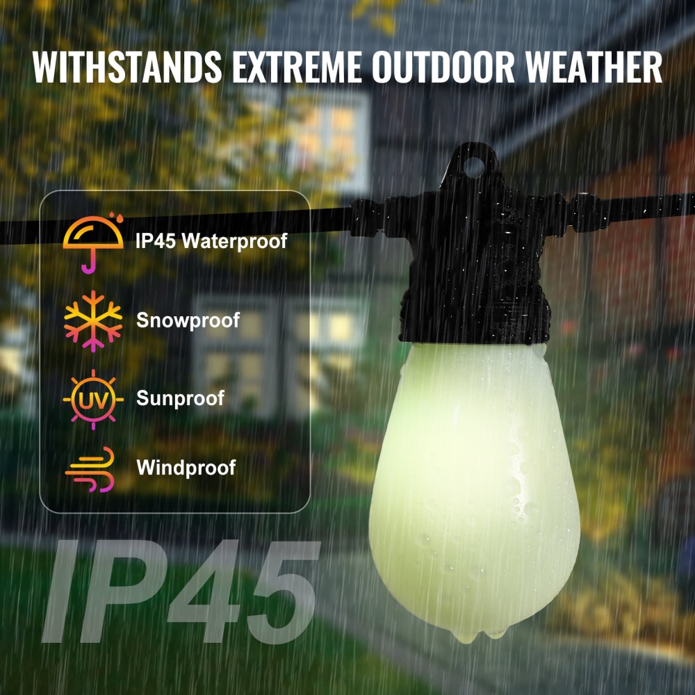 VEVOR RGB Outdoor String Lights, 50FT, Outside Patio Lights with APP Control 15 Bulbs, 15 Single-Color Adjustable Brightness Time Setting, Waterproof Hanging Lights for Halloween Decorations Christmas