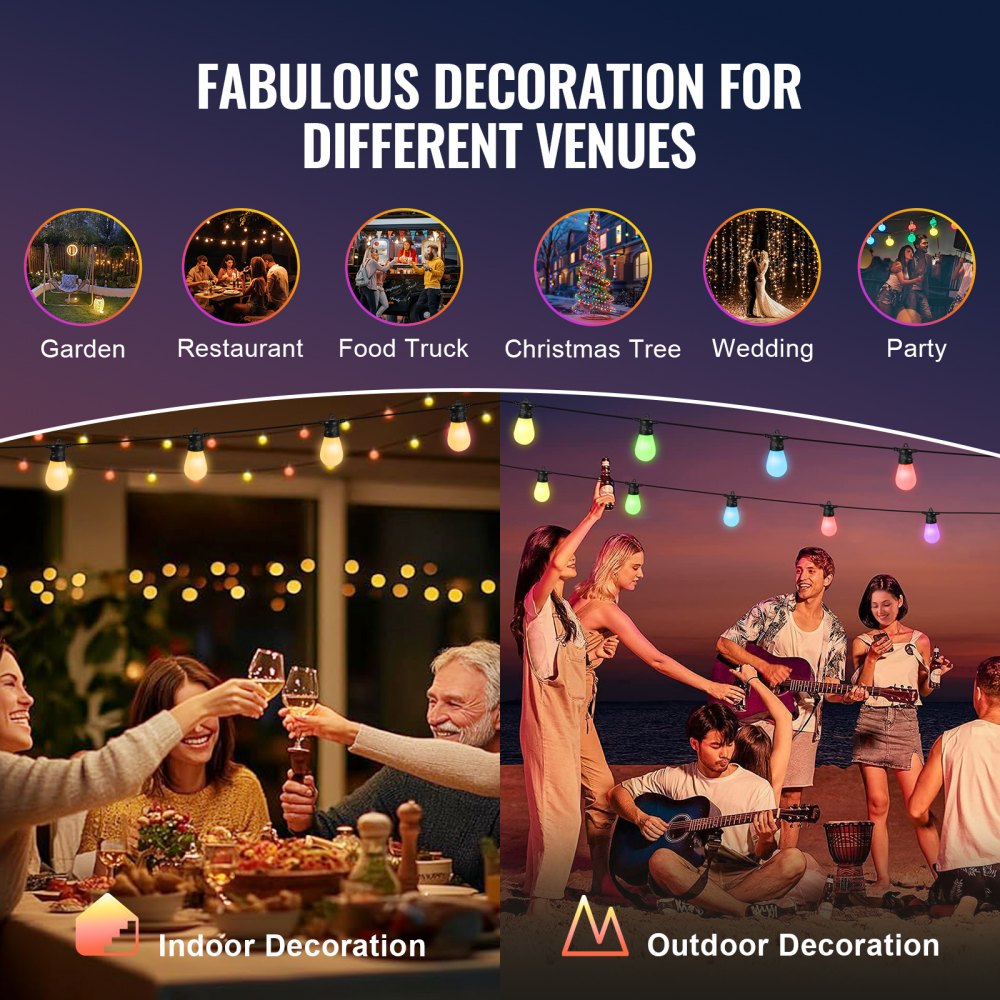 VEVOR RGB Outdoor String Lights, 50FT, Outside Patio Lights with APP Control 15 Bulbs, 15 Single-Color Adjustable Brightness Time Setting, Waterproof Hanging Lights for Halloween Decorations Christmas