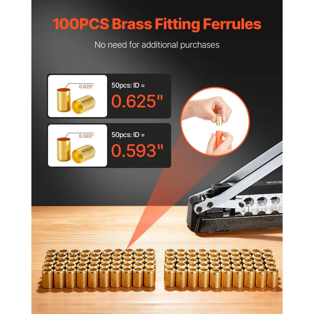 VEVOR Heavy Duty Ferrule Hose Crimper, Standard Bench Hose Crimping Tool with 100pcs Ferrules (0.593" & 0.625" ID), 0.44"-0.63" Crimping Range for PVC, Rubber & Air Hoses, Torch Hoses Repair Kit