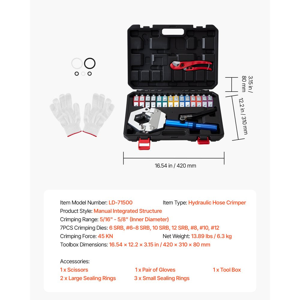 VEVOR Hydraulic Hose Crimper, Hydra-Krimp AC Hose Crimper Kit with 7 Dies Snap-On, Integral Manual Hydraulic A/C Hoses Crimping Tool for Automotive & Air Conditioning Repair - with Carrying Case