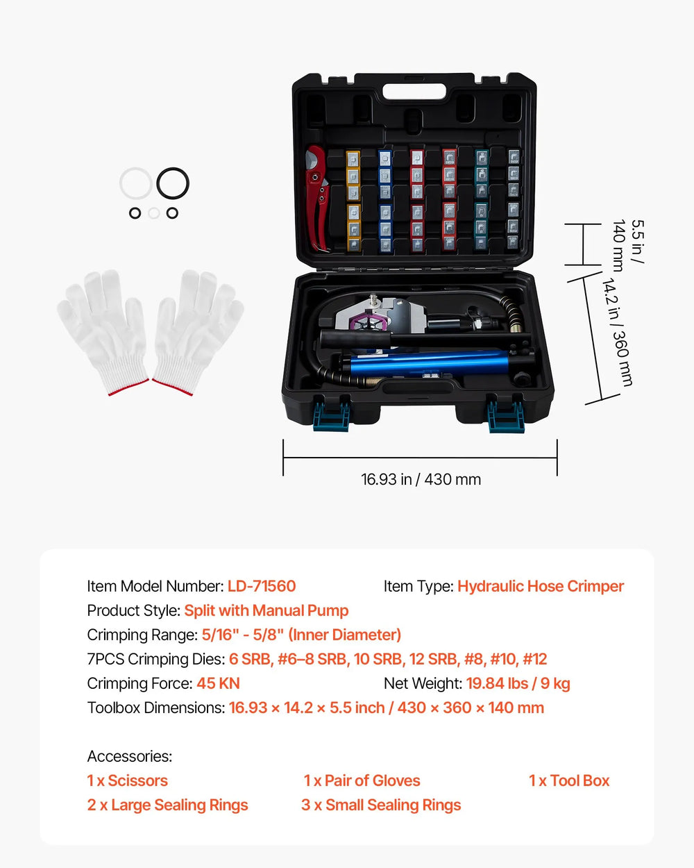 VEVOR Hydraulic Hose Crimper, Hydra-Krimp AC Hose Crimper Kit with 7 Dies Snap-On & Carrying Case, Hydraulic A/C Hoses Crimping Tool for Automotive & Air Conditioning Repair (Split with Manual Pump)