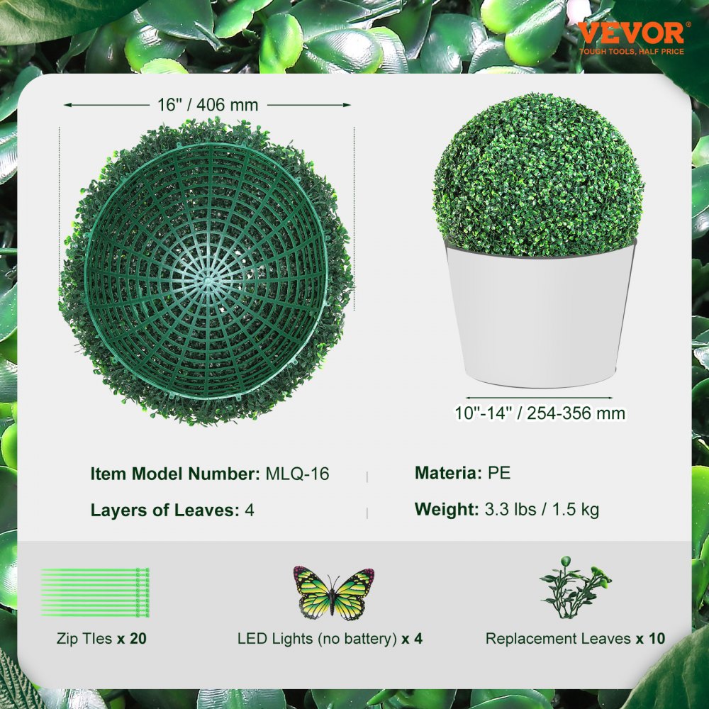 VEVOR Artificial Topiaries Boxwood Trees, 16” Tall (2 Pieces), Ball-Shape Faux Topiaries Plant, All-year Green Feaux Plant Decorative Balls for Backyard, Balcony,Garden, Wedding and Home Décor