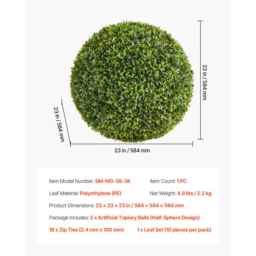 VEVOR Artificial Topiary Ball, 23 inch Faux Boxwood Plant Balls, Fake Silk Tree Look Real, Easy Assembly for Decor Front Porch Outdoor Patio Garden Balcony Backyard and Indoor Home Wedding, Green