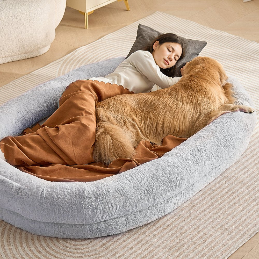 VEVOR Human Dog Bed, 72" x48"x10" Human Dog Bed for Adult, Human Size Dog Bed with Washable Faux Rabbit Fur Cover, Egg Orthopedic Foam, Storage Pocket, Large Dog Bean Bed, Light Grey