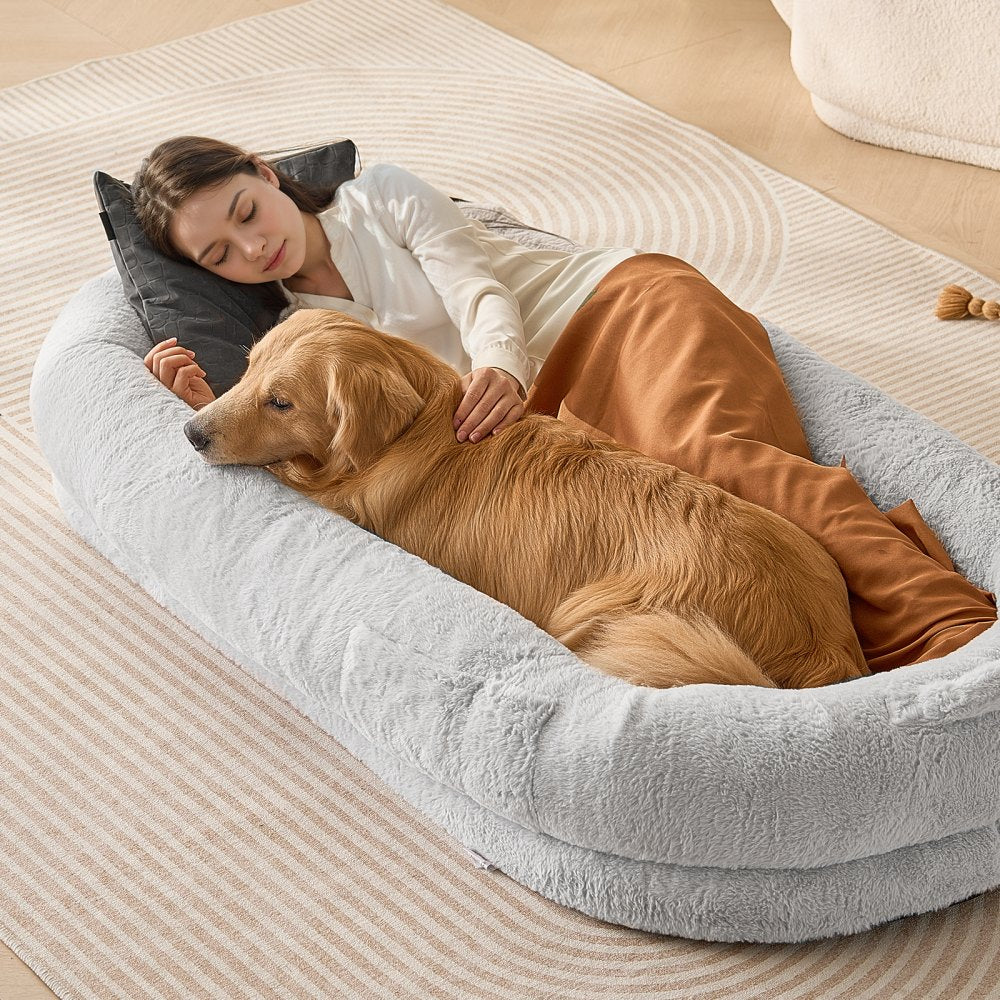 VEVOR Human Dog Bed, 67.7"x35"x9.8" Human Dog Bed for Adult, Human Size Dog Bed with Washable Faux Rabbit Fur Cover, Egg Orthopedic Foam, Storage Pocket, Large Dog Bean Bed, Light Grey