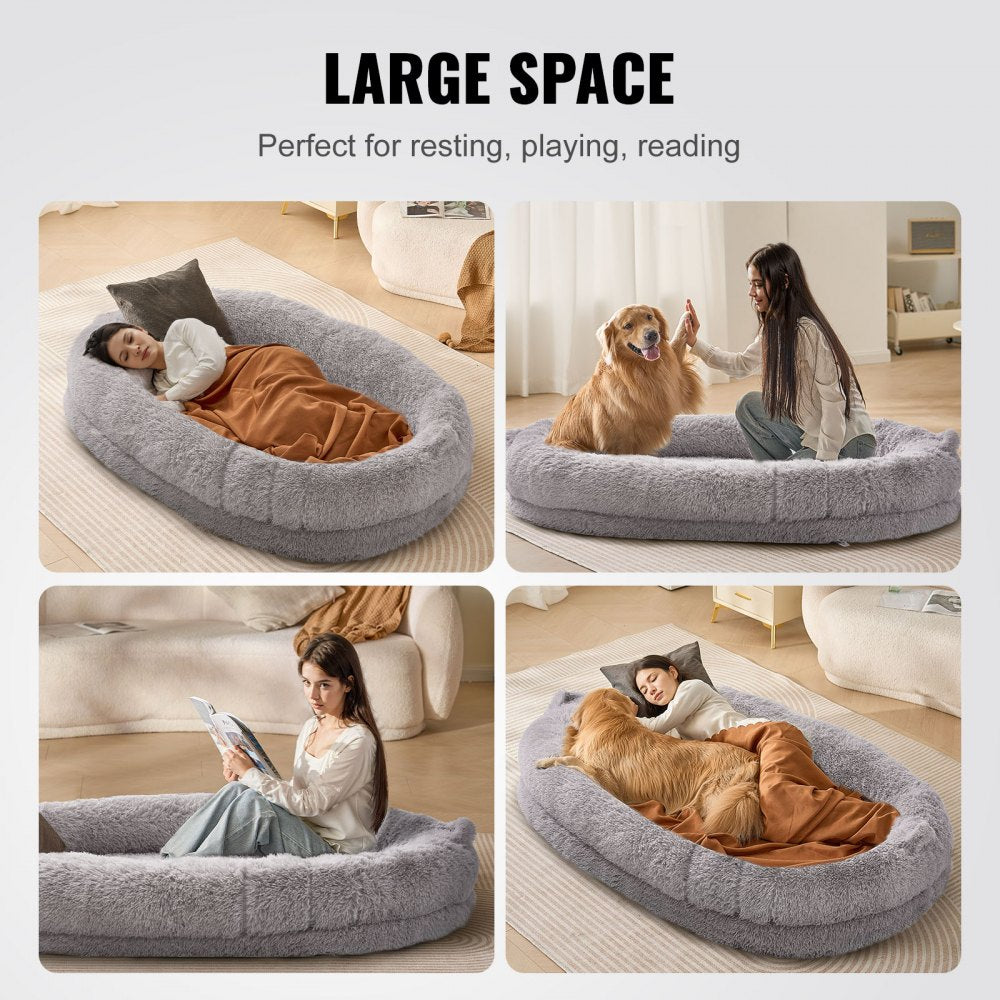 VEVOR Human Dog Bed, 72" x48"x10" Giant Human Dog Bed for Adult, Human Size Dog Bed with Washable PV Velvet Cover, Egg Orthopedic Foam, Storage Pocket, Large Dog Bean Bed for You and Pet, Light Grey