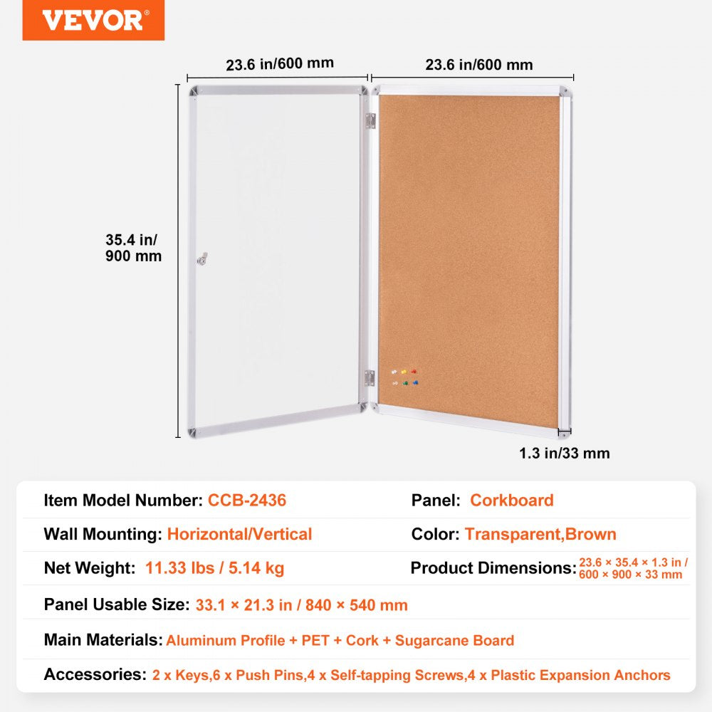 VEVOR 36"x24" Enclosed Cork Board with Aluminum Frame –  Lockable Bulletin Board with Acrylic Door & 2 Keys – Weather-Resistant Wall Display Case for School, Home, Office
