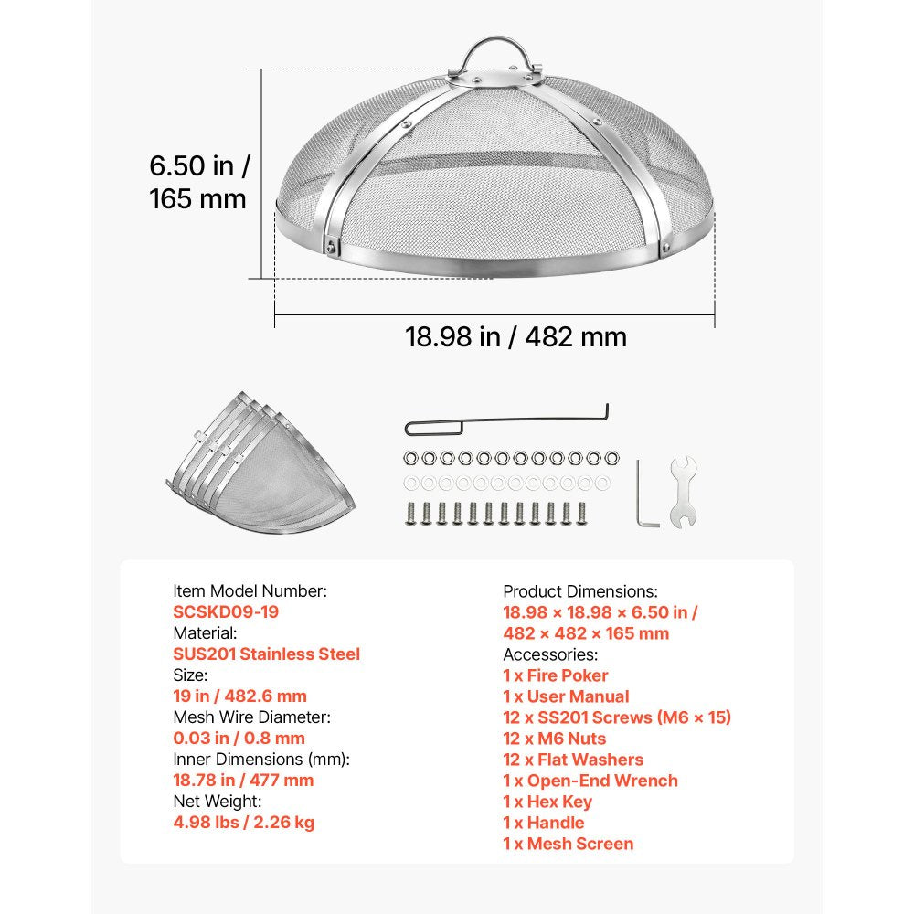 VEVOR Fire Pit Spark Screen, 19 inch Round, Stainless Steel Mesh Cover Lid, for Outdoor, Patio, Backyard, Camping, Party, with Handle and Poker, High Temperature Tolerant, Help Block Sparks, Silver