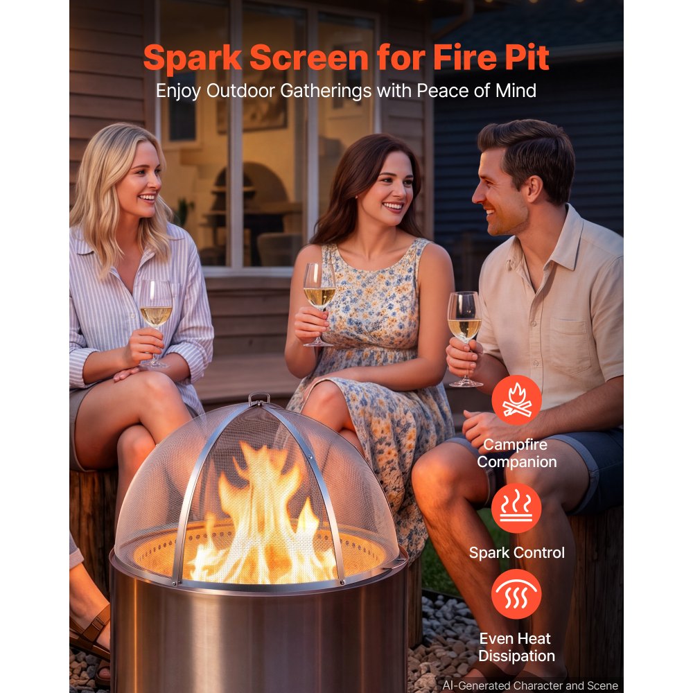 VEVOR Fire Pit Spark Screen, 36 inch Dome, Stainless Steel Mesh Cover Lid, for Outdoor, Patio, Backyard, Camping, Party, with Handles and Poker, High Temperature Tolerant, Help Block Sparks, Silver