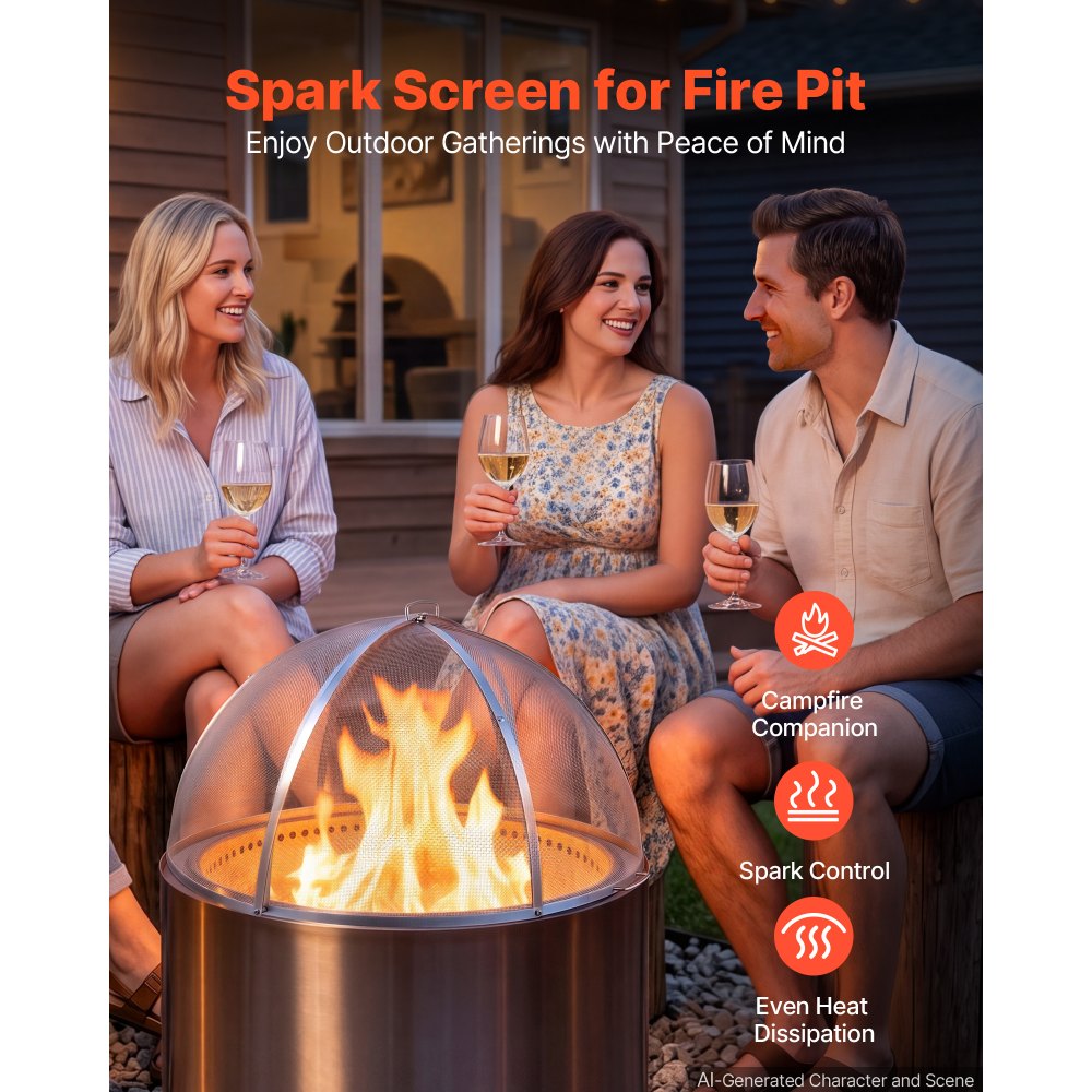 VEVOR Fire Pit Spark Screen, 40 inch Dome, Stainless Steel Mesh Cover Lid, for Outdoor, Patio, Backyard, Camping, Party, with Handles and Poker, High Temperature Tolerant, Help Block Sparks, Silver